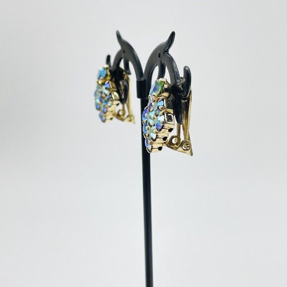 Vintage Square Aurora Borealis Earrings Gold Tone Clip On Glam Bling Sparkle - Picture 9 of 9